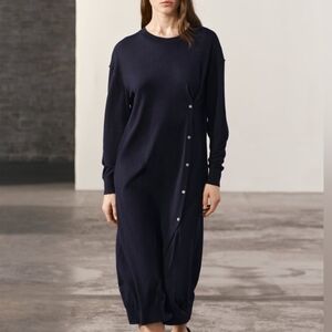 Zara Navy Long Sleeve Dress with Button Detail